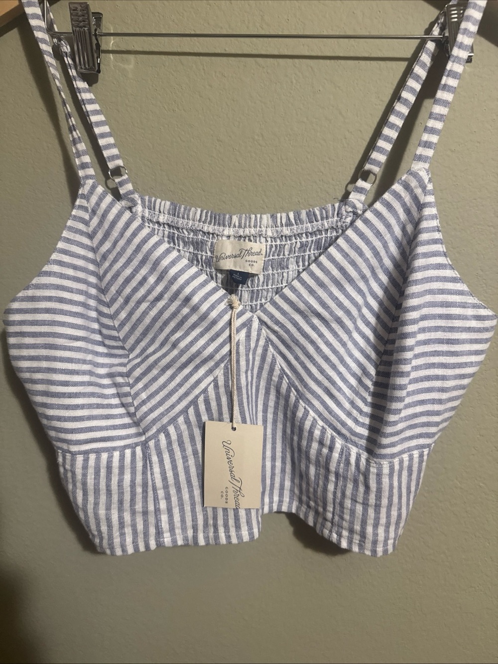 NWT Universal Thread Cropped Top Women L Blue Striped V-Neck Sleeveless Linen - Picture 5 of 7